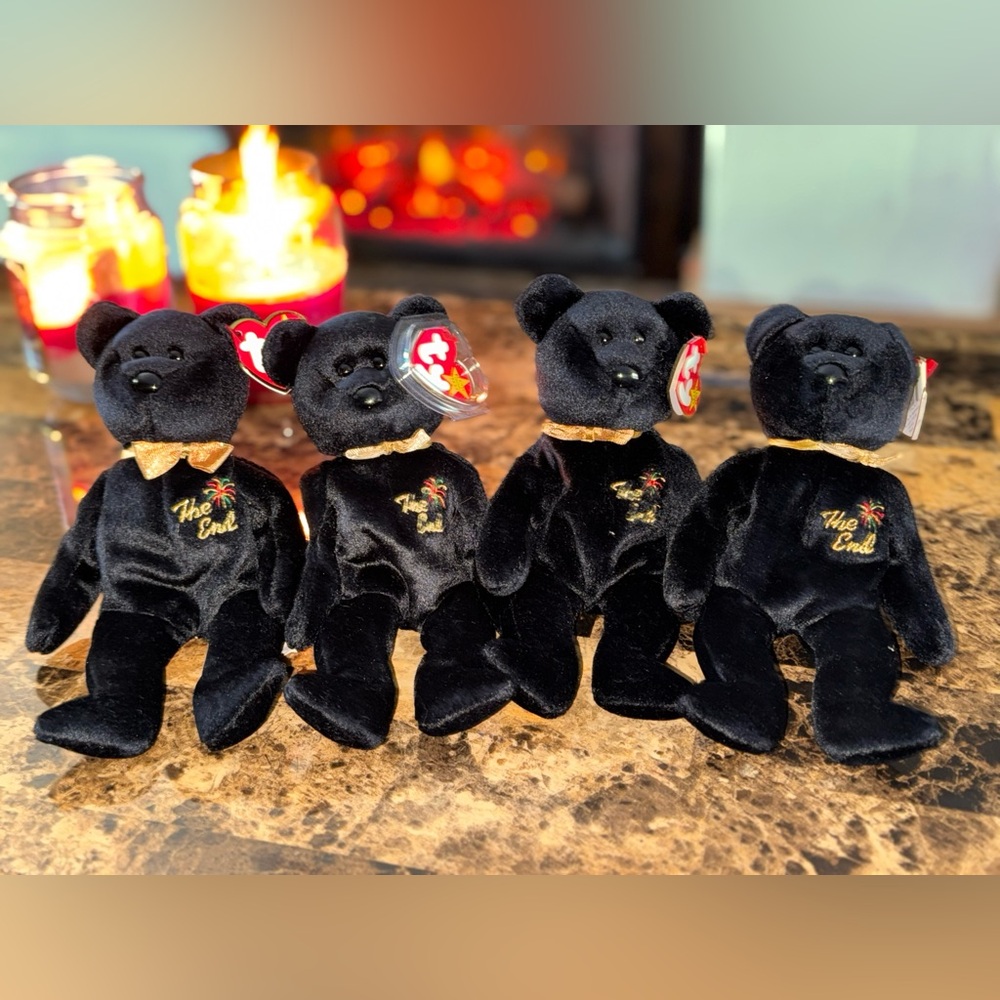 🖤 TY Beanie Babies “The End” Bears Set of 4 • 1999 Retired • Black Gold Bow